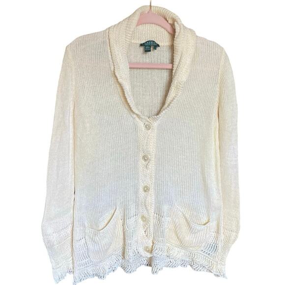 Lauren Ralph Lauren 100% Linen Cream Knit Cardigan Sweater Large coastal grandma - Picture 2 of 8